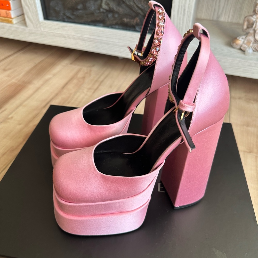 New! Versace satin platform heels.